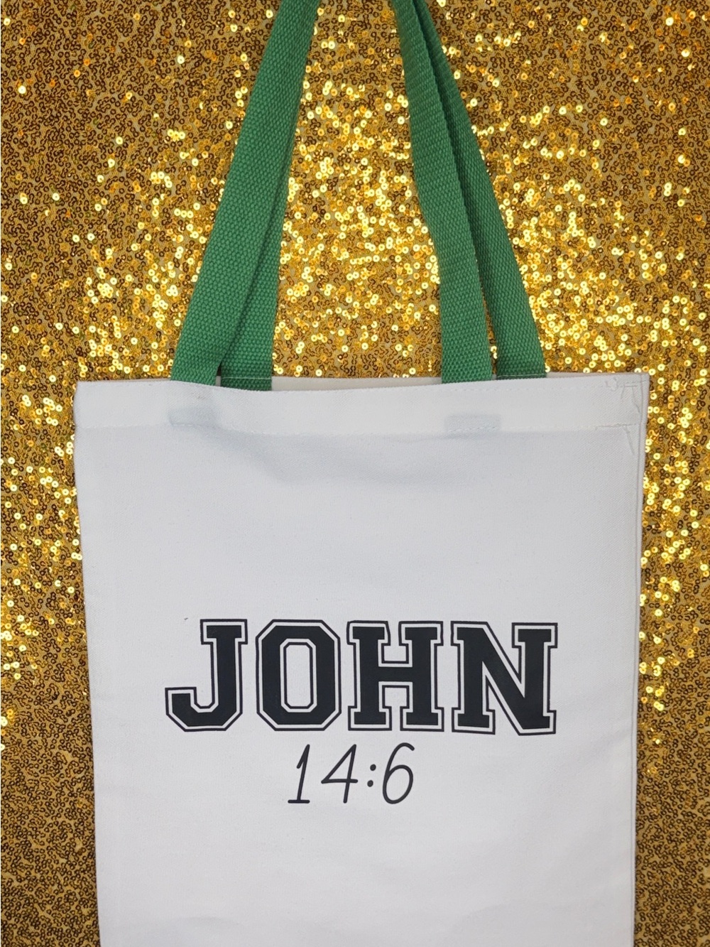 White Tote Bag with Green Handles and ALL I NEED IS JESUS Graphic - Picture 2 of 2